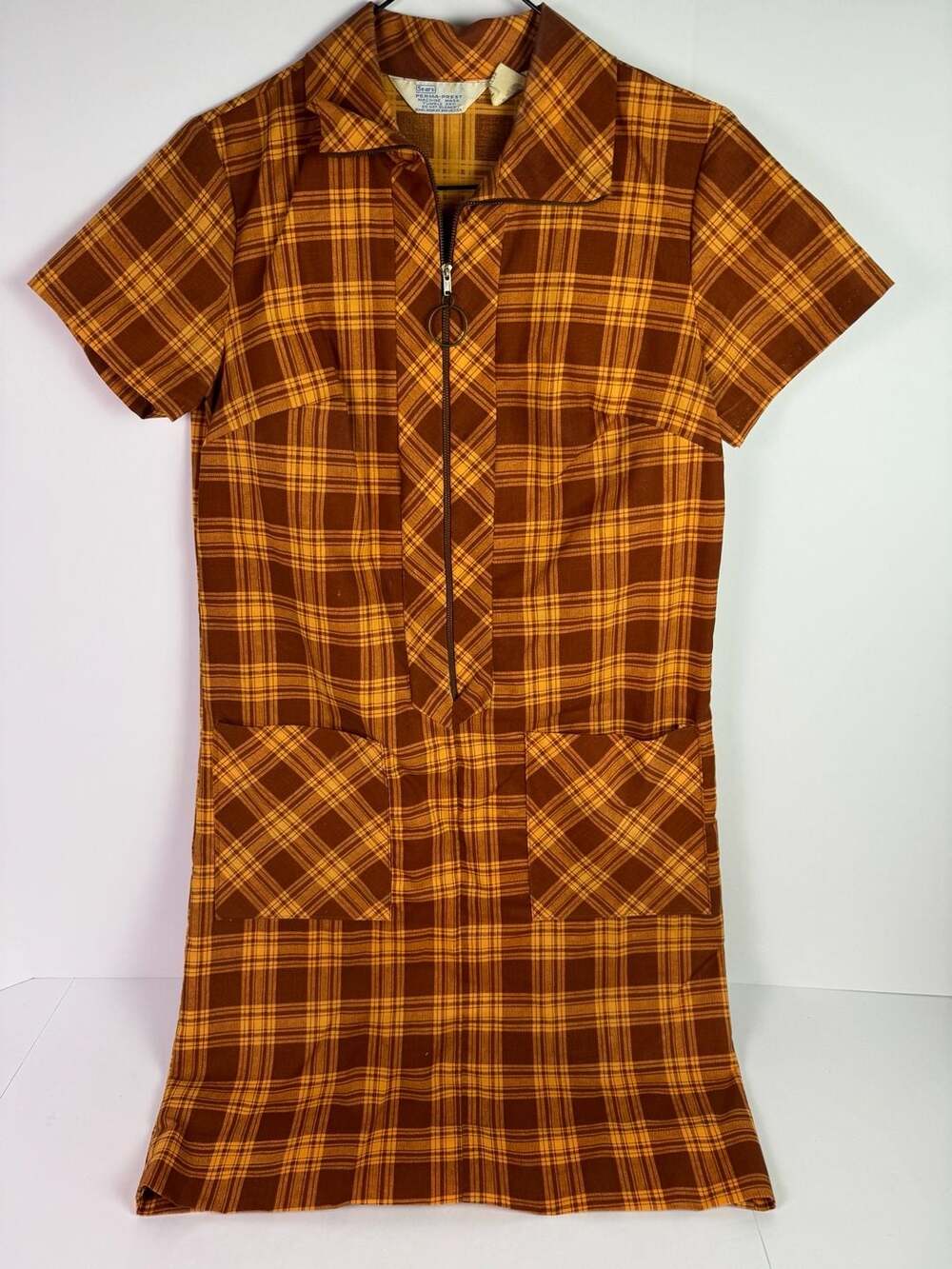 Vintage Sears Perma-Prest Brown Orange Plaid Zip Front Shift Dress Size 10